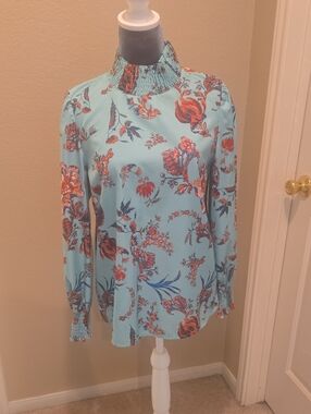 VENUS Aqua Floral Smocked Neck Blouse